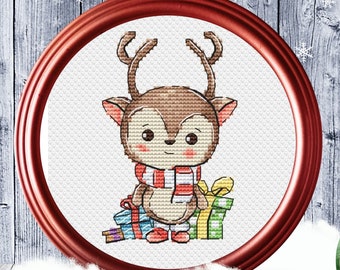 Christmas Deer Cross Stitch Pattern Christmas Animals  Horizontal Colorful Art Stitch DIY X-stitch Printable PDF Instant Download Design