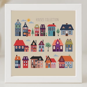 Haus Kreuzstichmuster Home PDF Set Dorf Stadt Straße Sammlung Kleines Häuschen Mini viktorianischer Instant Download Chart Dekor