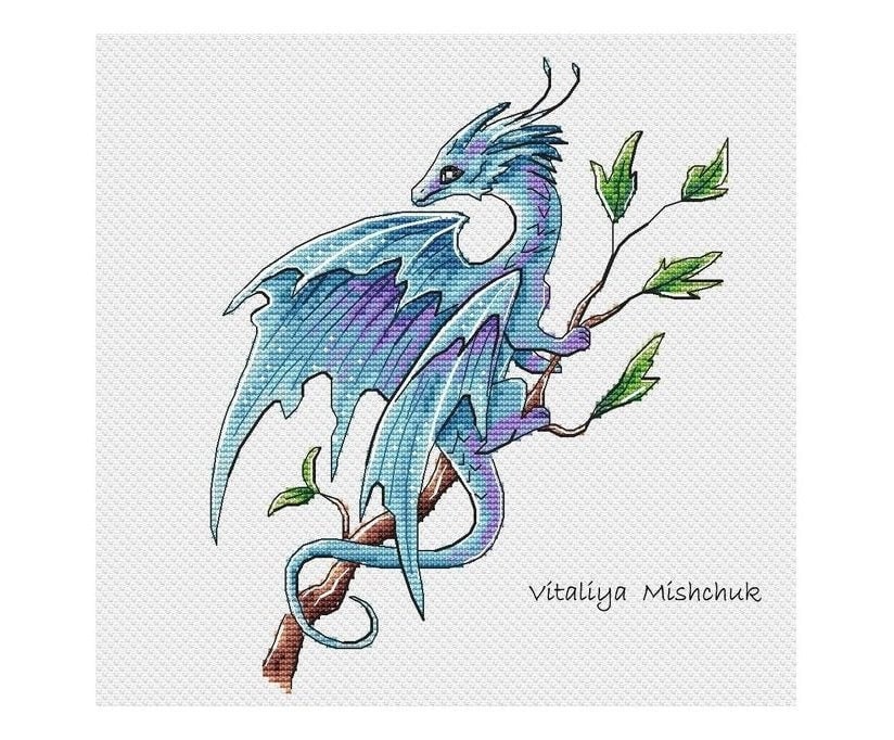dragon-cross-stitch-pattern-pdf-purle-dragon-cute-blue-dragon-on-a-branch-spring-instant-download-art-pdf-saga-counted-a-magical-creature-etsy