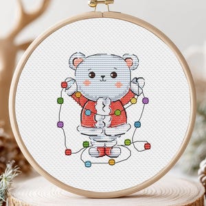 Christmas Bear Cross Stitch Pattern Animals Horizontal Colorful Art Stitch DIY X-stitch Chart Needlepoint Embroidery Chart Printable PDF