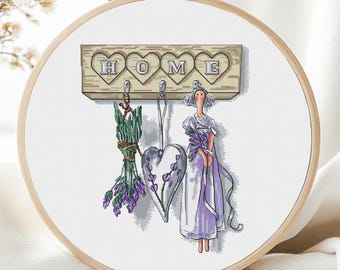 Lavender Cross Stitch Pattern Home Tilda Doll Purle Decor Instant Download PDF Printable Needlepoint Colorful Art