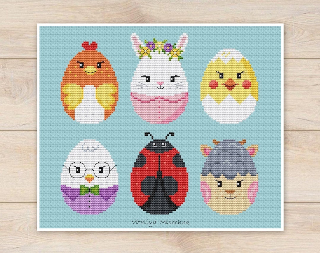 Easter Egg Cross Stitch Patterns Bunny Ornaments Set 6 for Kids Nursery