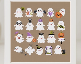 Halloween Ghost Cross Stitch Pattern PDF Set Small Tiny Cute Spooky Easy Sipmle Primitive Kids Fall Child Decoration Autumn Instant Download