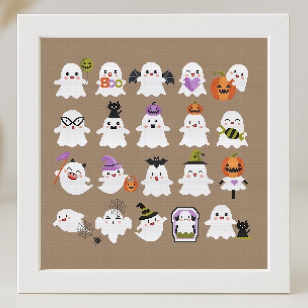 Patrón de punto de cruz de fantasma de Halloween en PDF, pequeño, diminuto, lindo, espeluznante, fácil, sencillo, primitivo, para niños, decoración de otoño, descarga instantánea.