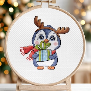 Schema punto croce pinguino, set di Natale con animali in formato PDF, per bambini, piccole cartoline, decorazioni per neonati, carini, set di ornamenti invernali, download immediato