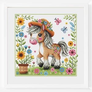 馬のサンプル クロスステッチ パターン 農場の動物 子馬 子供 初心者向け 簡単 春 女の子 夏 原始的な花 ポニー インスタント PDF ダウンロード