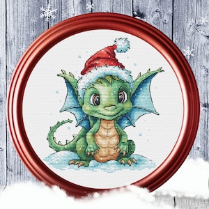 Christmas Dragon Cross Stitch Pattern Winter New Year Animal Cute Green Dragon Baby Kids Child Ornaments Art Counted PDF Instant Download