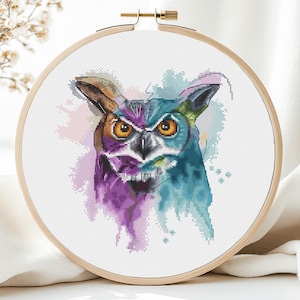 Owl Cross Stitch Pattern Watercolor Birds Cross Stitch Horizontal Colorful  DIY X-stitch Chart Needlepoint Embroidery PDF Instant Download