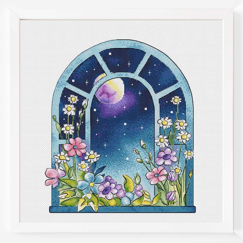 Space Cross Stitch Pattern Flower Window Starry Sky Galaxy Night Moon ...