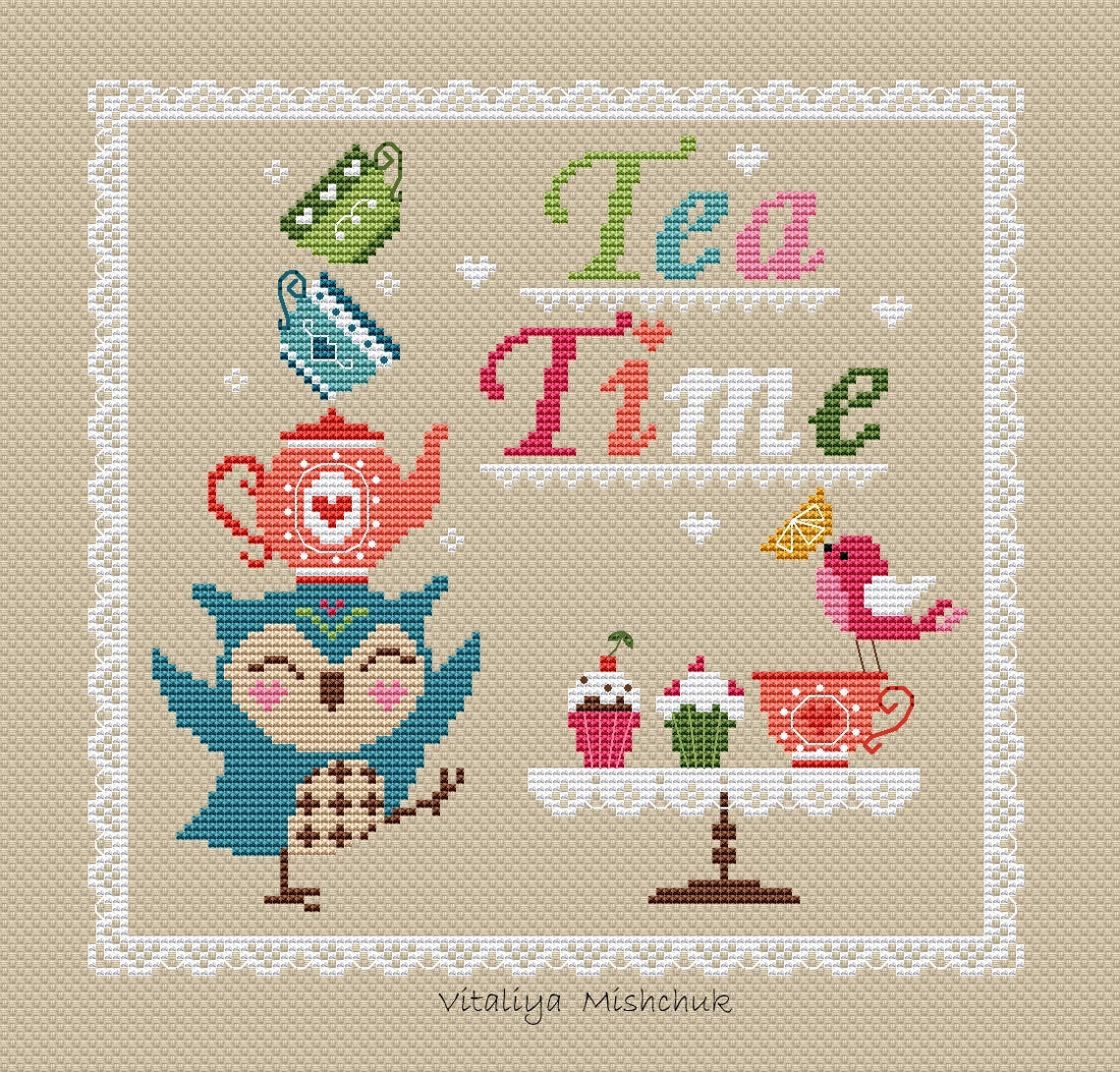 Tea Cross Stitch Pattern PDF Teapot Tea Time Cup Owl Dishes Etsy