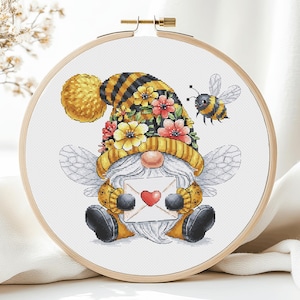 Patrones de punto de cruz de gnomo, abeja, primavera, verano, flores, floral, para niños, contado, lindo, feliz, amor, arte, PDF, descarga instantánea para bebé, imprimible