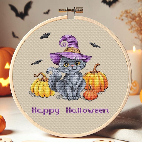 ハロウィン黒猫クロスステッチ図案PDF、ハッピーハロウィンクロス