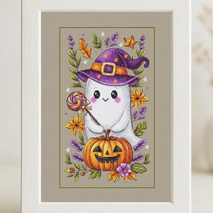 May include: A cute white ghost wearing a purple and orange witch hat holds a lollipop and sits on top of a jack-o-lantern pumpkin. The ghost is surrounded by fall leaves and flowers.
