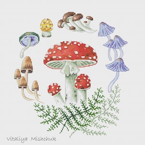 Mushrooms Cross Stitch Patterns Autumn Fall Toadstool Fly agaric Round Pillow Wreath Counted Needlepoint Printable PDF Instant Download image 3