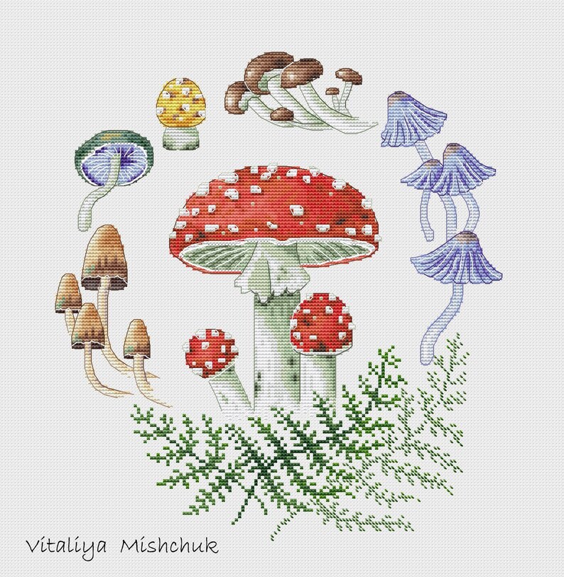 Mushrooms Cross Stitch Patterns Autumn Fall Toadstool Fly agaric Round Pillow Wreath Counted Needlepoint Printable PDF Instant Download image 3