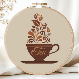 Teetasse Kreuzstich Stickmuster PDF Tea Time Monochrom Easy Einfach Für Küche Geschirr Modern Ornament Ornament Instant Download