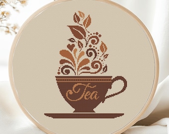 Tea Cup Cross Stitch Pattern PDF Tea Time Monochrome Easy Simple For Kitchen Dishes Modern Ornament Counted Beginner Coffee Instant Download