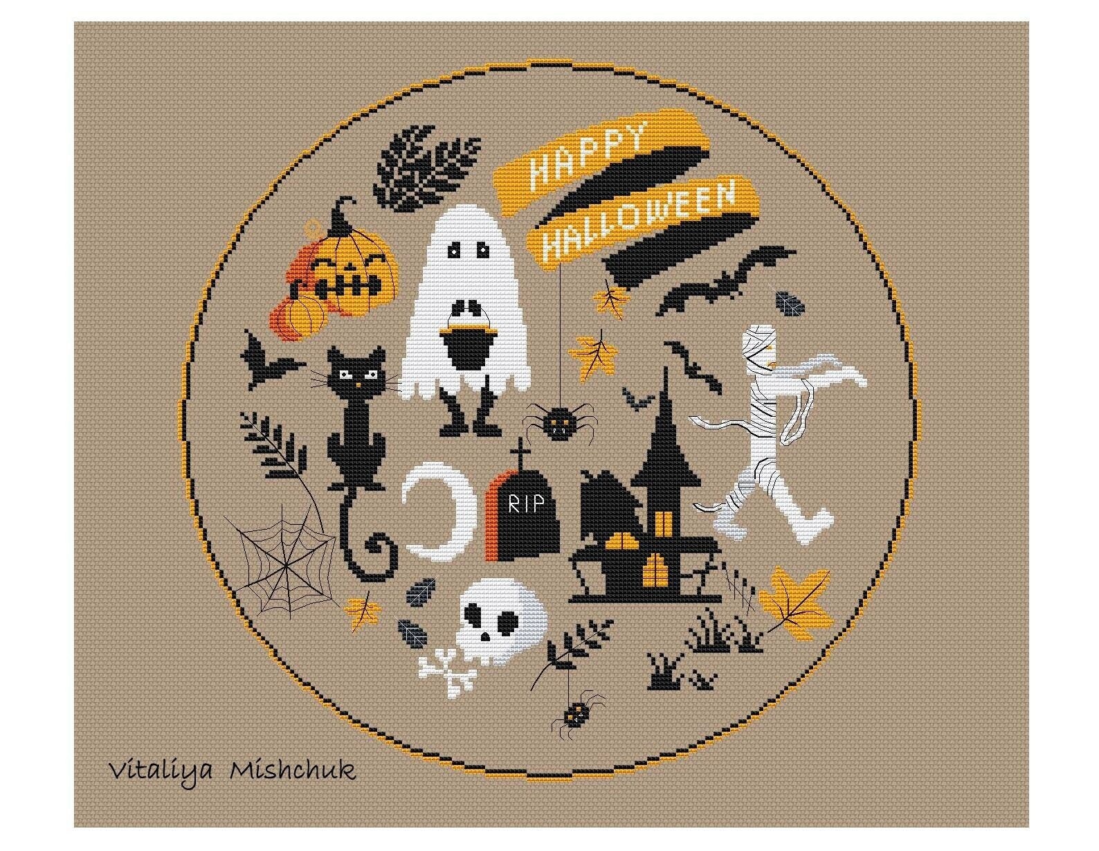 Halloween Elements Cross Stitch Pattern PDF Small Dark Black Sampler Cat Round Ornament Zombie Chart Needlepoint Printable Instant Download - Etsy cross-stitch-pattern-small-halloween-pumpkin-with-black-eyes-and-mouth-free-cross-stitch-patterns-simple-unique-alphabets-baby