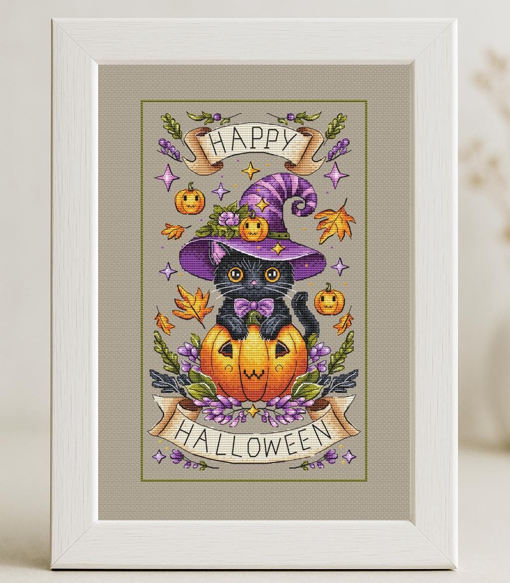Halloween Cat Cross Stitch Pattern Pumpkins Autumn Fall Black Cat Happy Halloween Wizard in Hat Animal Sampler Instant Download PDF