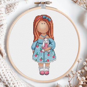 Meisje met konijntje kruissteekpatroon Tslda-pop speelgoed voor kinderen kind Nutsery babymeisje grafiek afdrukbare pdf Instant download kinderkamer