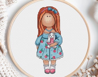 Girl With Bunny Cross Stitch Pattern Tslda Doll Toy For Kids Child Nutsery Baby Girl Chart Printable PDF Instant Download Kids Room