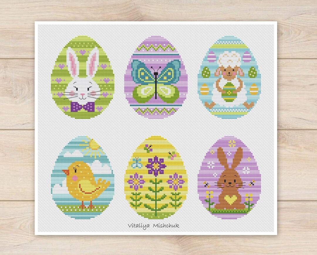 Easter Egg Cross Stitch Patterns Bunny Ornaments Set 6 for Kids Nursery