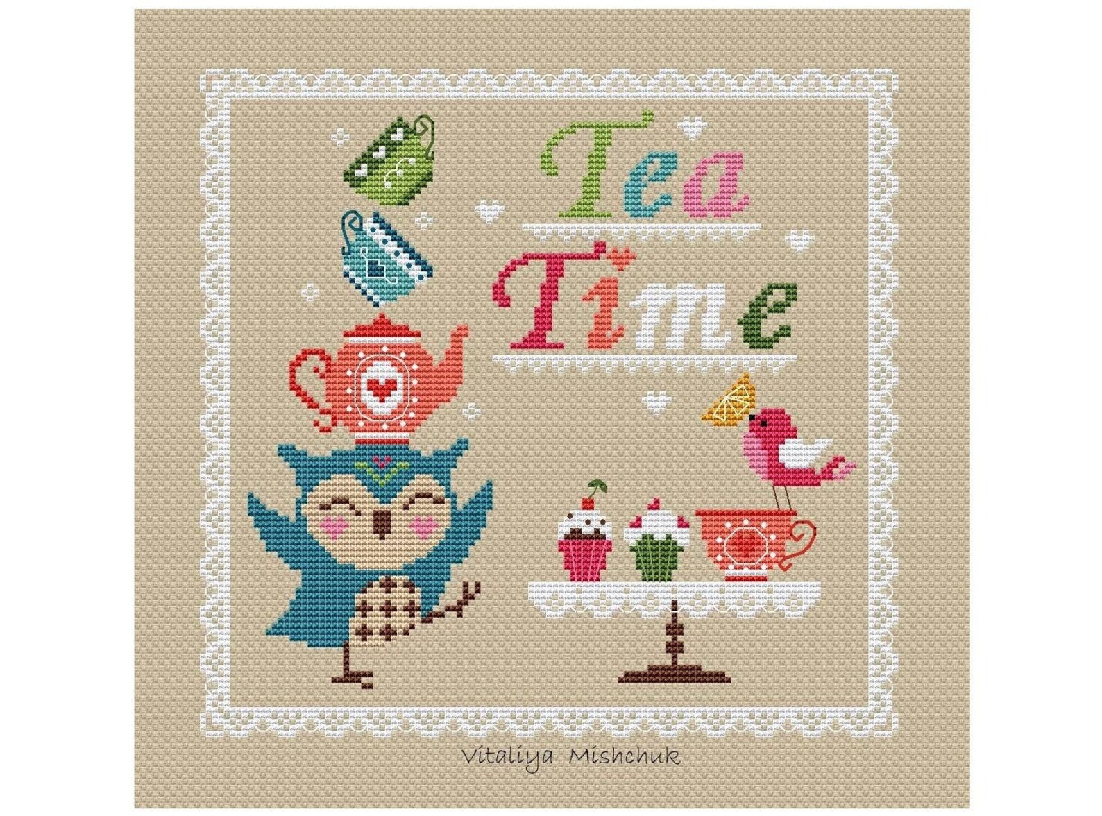 Tea Cross Stitch Pattern PDF Teapot Tea Time Cup Owl Dishes Etsy