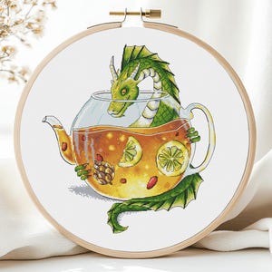 Dragon Cross Stitch Pattern, Tea Dragon Cross Stitch X-Stitch Chart Needlepoint Embroidery Printable PDF Instant Download