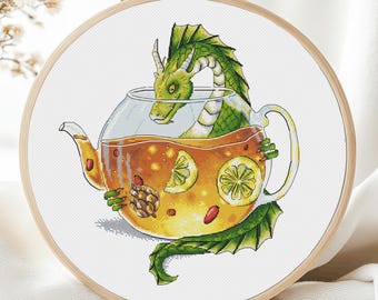 Dragon Cross Stitch Pattern, Tea Dragon Cross Stitch X-Stitch Chart Needlepoint Embroidery Printable PDF Instant Download