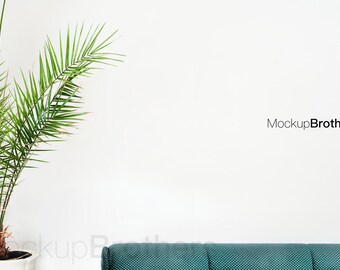 Download Free Mockup with palm tropical home mockups green sofa mock up mockup for paintings empty wall mock-up poster mock ups stock photo PSD Template