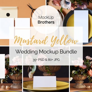 Pacote de mockups de papelaria, coleção de mockups de casamento, amarelo, mockups flat lay, mockups em PSD, imagens de mockups, mockups de placas, pacote de mockups de cavaletes