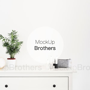 White empty wall mockup, Frameless Bedroom mock up wall, real photo interior mockup, stock photography with plant, poster print, scene 48