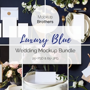 Pacote de mockups de casamento, mockups com fundo azul, pacotes de mockups de convites, mockups de cartões flat lay, mockups de papelaria, casamento de luxo