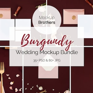 Pacote de mockups de casamento na cor Borgonha, Pacote de mockups, mockups de papelaria de luxo, Cartão, Imagem, Coleção de mockups, mockups flat lay, estoque estilizado