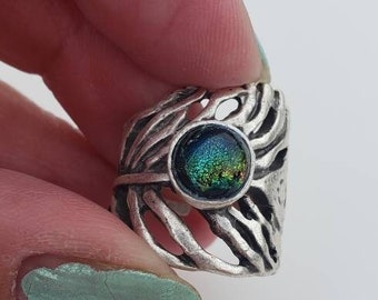 Fused glass ring, handmade jewelry, blue stone ring, fashion jewelry, statement ring, feather ring, southwestern ring, dichroic glass ring