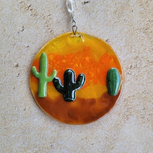 Desert sun catcher,  cactus sun catcher,  fused glass Suncatcher,  Desert scenery Suncatcher,  window hanging,  handmade glass