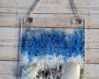 Fused glass beach scene, ocean Suncatcher, sea scapes, seashell wall hanging, gift for beach lovers, beach suncatcher