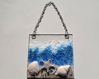 Fused glass beach scene, ocean Suncatcher, sea scapes, seashell wall hanging, gift for beach lovers