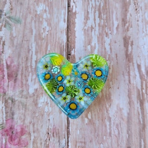 Glass heart paperweight,  fused glass heart, gift for her, office decor, flower paperweight,  Thank you gift, friendship gift