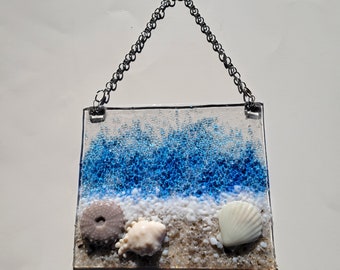 Fused glass beach scene, ocean Suncatcher, sea scapes, seashell wall hanging, gift for beach lovers, beach suncatcher