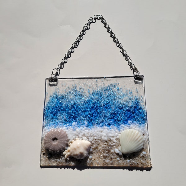 Fused glass beach scene, ocean Suncatcher, sea scapes, seashell wall hanging, gift for beach lovers, beach suncatcher