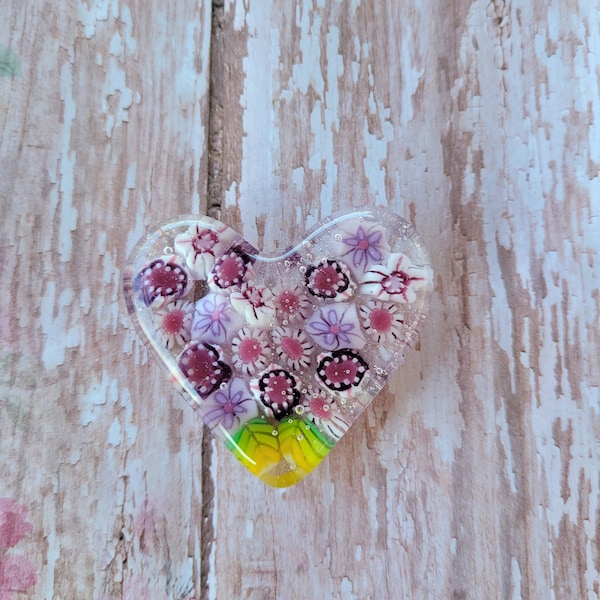 Glass heart paperweight,  fused glass heart, gift for her, office decor, flower paperweight,  Thank you gift, friendship gift