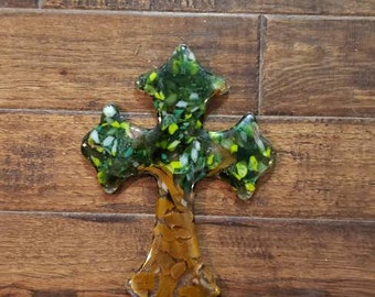 High Quality Vintage Hand Blown Glass Cross w/ Gold Trim Decor Figurine Holy 