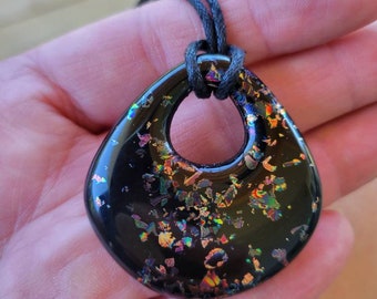 Fused glass jewelry,Boho necklace, donut shaped pendant, Fused glass pendant, dichroic glass pendant, handmade pendant, rainbow pendant