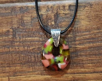 Fused glass jewelry,Boho necklace, donut shaped pendant, fused glass pendant,  glass pendant, pastel necklace, gift for her,handmade jewelry