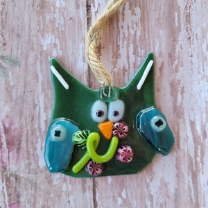 Fused glass owl, glass owl, unique gift, folk art owl, barn owl ornament, whimsical owl ornament, Christmas ornament