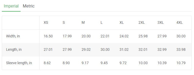 K&ouml;nnte beinhalten: Eine wei&szlig;e Tabelle zeigt Hemdma&szlig;e in Zoll. Die Gr&ouml;&szlig;en reichen von XS bis 4XL, mit Breiten von 41,91 cm bis 76,20 cm, L&auml;ngen von 68,60 cm bis 86,31 cm und &Auml;rmell&auml;ngen von 21,89 cm bis 27,41 cm.