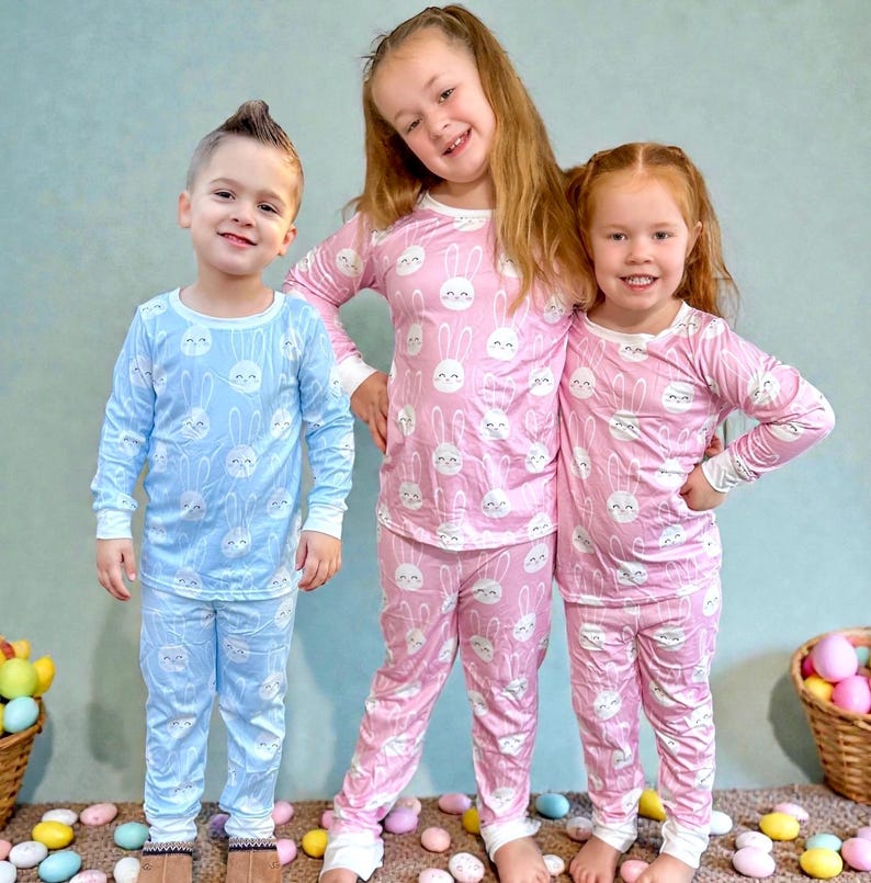 Easter Bunny Sibling Pajamas, Girls and Boys Spring Lounge Sets image 1