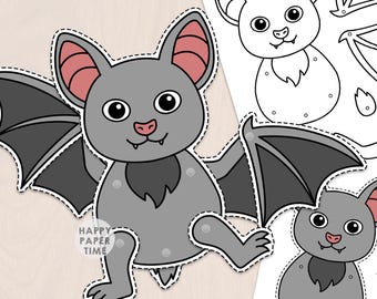 Vleermuispop van papier, knutselactiviteit met beweegbare gewrichten en splitpennen, Halloween griezelige dag kleurplaat, printbaar, doe-het-zelf, direct te downloaden