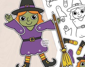 Witch puppet paper toy craft activity articulated split pin jointed Halloween Spooky Day coloring page printable DIY Instant Download